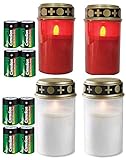 4er Set Grablichter rot und weiß, LED Kerze, Grabkerze, Flackereffekt, inkl. Batterien