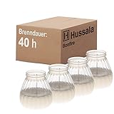 Hussala Bonfire Kerzen mit Kunststoff-Windlicht-Glas (Outdoor & Indoor-Kerze) Brennzeit 40 h - weiß [4 Stück]