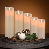 LED Kerzen,Flammenlose Kerzen 250 Stunden Dekorations-Kerzen-Säulen im 5er Set.Realistisch flackernde LED-Flammen 10-Tasten Fernbedienung mit 24 Stunden Timer-Funktion (5 * 1, Ivory) - 5