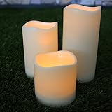 KAMACA ® - 3 er Set Romantische LED Kerzen - Größe 15 cm / 11 cm / 8 cm hoch - dekorative und stromsparende LED Technik inkl. Timer - Kerze natürlich flackernd - für Innen und Außen - OUTDOOR (weiß / elfenbein) - 2