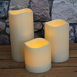 KAMACA ® - 3 er Set Romantische LED Kerzen - Größe 15 cm / 11 cm / 8 cm hoch - dekorative und stromsparende LED Technik inkl. Timer - Kerze natürlich flackernd - für Innen und Außen - OUTDOOR (weiß / elfenbein) - 3