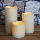 KAMACA ® - 3 er Set Romantische LED Kerzen - Größe 15 cm / 11 cm / 8 cm hoch - dekorative und stromsparende LED Technik inkl. Timer - Kerze natürlich flackernd - für Innen und Außen - OUTDOOR (weiß / elfenbein) - 4