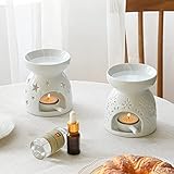 Mucihom 2 Stücke Set Keramik Duftlampe mit Kerzenhalter Weiß Aromalampe Φ 10.5cm x Höhe 11.5cm – Blumen/Stern Design - 2