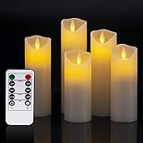 LED Kerzen,Flammenlose Kerzen 12/15/17/20/22CM Set aus 5 Echtwachs mit realistischen tanzenden LED Flammen und 10-Tasten Fernbedienung mit 2/4/6/8-Stunden Timer,300+ Stunden-YIWER (Elfenbein, 5×1) - 6