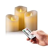 Air Zuker LED Kerzen mit beweglicher Flamme – Echt Flammen Effekt LED Echtwachskerzen mit 10 Key Fernbedienung und Timer [Klassische Stumpenkerze, Elfenbeinfarbe] – 3er Pack - 4