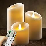 LED-Kerzen von Da by, Flammenlose Kerze 300 Stunden Batterie Dekorative Kerzen Set 3 (10cm, 12.8cm, 15.2cm). Die echt blinkende LED-Flamme ist aus elfenbeinfarbenem Echtwachs gefertigt. 10-Tasten-Fern