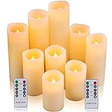 DANIP Flammenlose Kerzen Batteriebetriebene Kerzen 4"5" 6"7" 8"9" 9er Set Elfenbein Echtwachssäule LED Kerzen 10-Tasten-Fernbedienung 24-Stunden-Timer