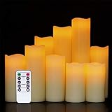 Eldnacele Flickering Flammenlose Kerzen Säule LED-Kerzen mit Fernbedienung Timer Set von 9 (H 4"5" 6"7" 8"9" x D 2,2") Echtwachs Batterie betrieben Kerzen, Elfenbein