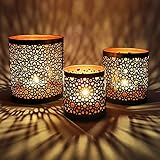 3er Set Orientalisches Windlicht Laterne orientalisch Adiba 14cm Groß | Orientalische Vintage Teelichthalter Kupferfarben innen schwarz außen | Marokkanische Windlichter aus Metall als Dekoration - 6