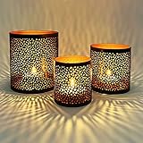 3er Set Orientalisches Windlicht Laterne orientalisch Estelle 14cm Groß | Orientalische Vintage Teelichthalter Kupferfarben innen schwarz außen | Marokkanische Windlichter aus Metall als Dekoration - 3