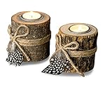 levandeo 2er Set Teelichthalter Holz je 8,5cm hoch Kerzenhalter Federn Kerzenständer Tischdeko