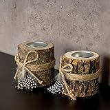 levandeo 2er Set Teelichthalter Holz je 8,5cm hoch Kerzenhalter Federn Kerzenständer Tischdeko - 2