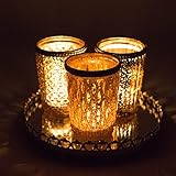 3er Windlichtset Teelichtglas mit Spiegelplatte Teelichthalter Kerzenglas Windlicht Glas Kerzentablett (Gold) - 5