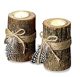 levandeo 2er Set Teelichthalter Holz je 12cm hoch Kerzenhalter Federn Kerzenständer Tischdeko