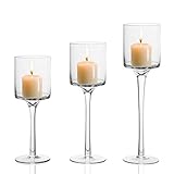 Teelichthalter Kerzenhalter (3 Stück) - Verschiedene Größen L-26cm, M-23cm, S-20cm Hoch - Glas Kerzenständer für Stabkerzen, Stumpenkerzen, Votivkerzen und Teelichter - Ideal für Tischdekorationen