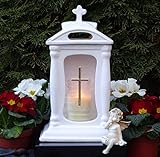 ♥ Grablaterne Grablampe Keramik 30,0cm Weiss Glas Kreuz mit Grabkerze Grableuchte Grablicht Laterne Grabschmuck Kerze Garten Friedhof - 2