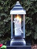 ♥ Grablaterne Rose Ornament Silber 34,0cm incl. Grablicht Grabkerze Grabschmuck Grablampe Grableuchte Laterne Kerze Lampe - 2