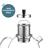 smartpeas Teekanne aus Glas - 1500 ml Fassungsvolumen - herausnehmbarer Edelstahlfilter & Ausguss-Filter - hitzebeständiges Borosilikatglas - Plus: Gratis Stövchen zum Warmhalten - 3