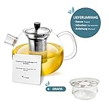 smartpeas Teekanne aus Glas - 1500 ml Fassungsvolumen - herausnehmbarer Edelstahlfilter & Ausguss-Filter - hitzebeständiges Borosilikatglas - Plus: Gratis Stövchen zum Warmhalten - 6