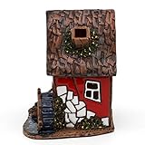 Deko-Geschenke-Shop Keramik Teelichthaus Lichterhaus Teelichthalter Fachwerk Wassermühle 11 cm Rot - 2